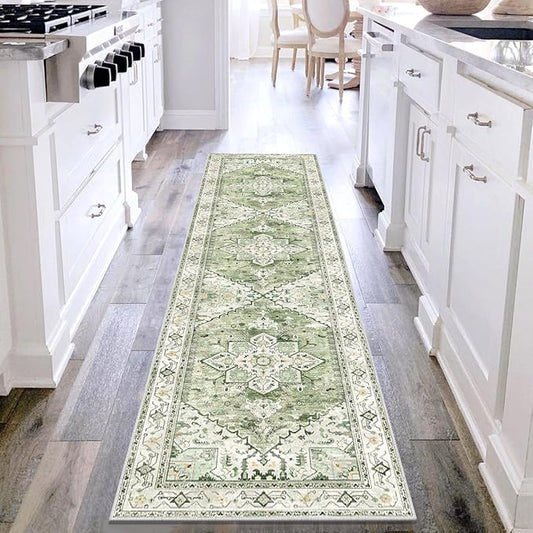 Yamaziot Washable Runner Rug, 2x8 Non-Slip Boho Vintage Hallway Rug Runner with Rubber Backing, Stain Resistant & Low Pile Faux Wool Distressed Carpet Runner for Kitchen, Laundry, Entrance, Sage Green