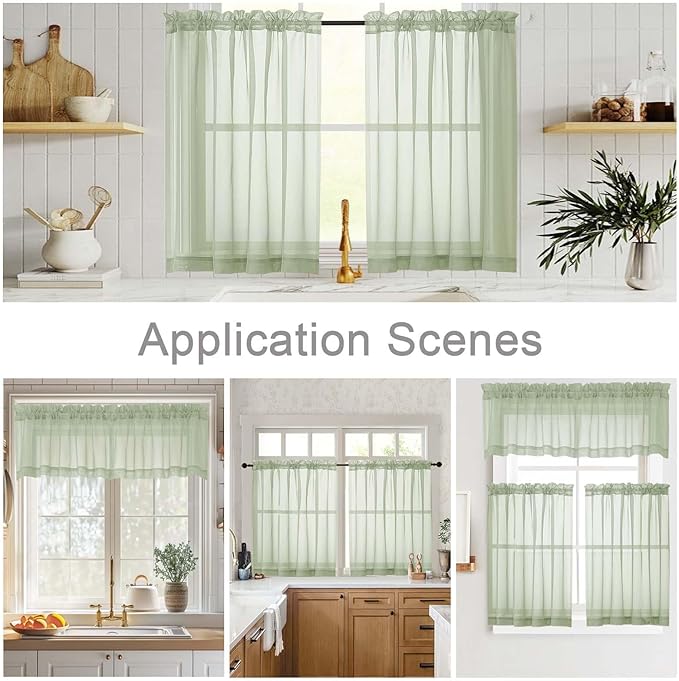 Cafe Curtains 36 Inch Length Tier 2 Pieces, Modern Soft Airy Sheer Kitchen Short Curtains for Small Window, Rod Pocket Small Curtain for Bathroom Basement, Light Green, 42" Wx36 L Inches