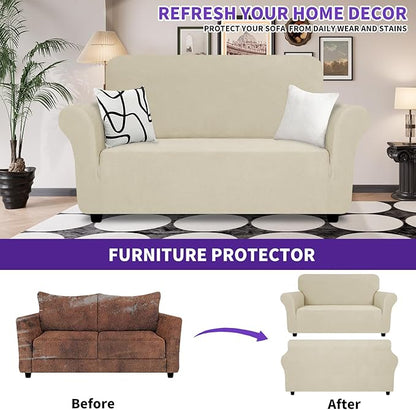 ZNSAYOTX Super Stretch Loveseat Covers (57"-70"), New Striped Love Seat Slipcover, Dogs Pet Friendly Anti-Slip Couch Protector Spandex Durable 2 Seater Fabric Sofa Cover (Khaki, Loveseat)