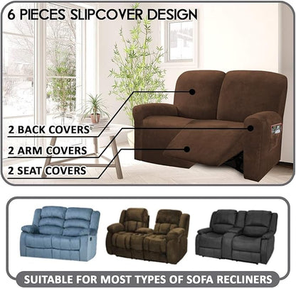ULTICOR Reclining Love Seat Slipcover, 48" - 65" L, 6-Piece Velvet Stretch Loveseat Reclining Sofa Covers, 2 seat Love seat Recliner Cover, Thick, Soft, Washable (Chocolate)