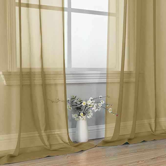 OVZME Gold Sheer Curtains 63 Inches Long 2 Panels - Soft Light Filtering Window Sheer Panels for Living Room/Bedroom, Top Dual Rod Pocket, 1 Pair, Each 42Wx63L Inches