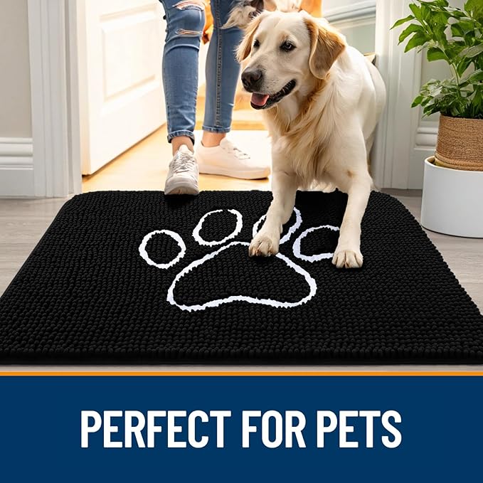 OLANLY Dog Door Mat for Muddy Paws 47x20, Paw Print Design, Absorbs Moisture and Dirt, Absorbent Non-Slip Washable Doormat, Quick Dry Chenille Mud Mat for Dogs, Entry Indoor Entryway Carpet, Black