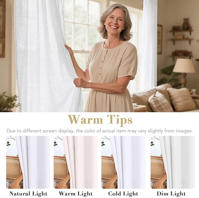 H.VERSAILTEX Pair Set Nickel Grommet Natural Linen Blended Window Treatment, Premium Soft Rich Light Filtering Semi Sheer Curtain Panels for Living Room - 52x84-Inch - Heathered White