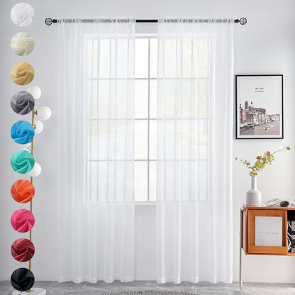 youleyar Solid Sheer Rod Pocket Curtain Voile Draperies 2 Panels White Beige Black Grey Coffee 70 Inch Width 108 Inch Long 1 Pair for Kitchen Bedroom Children Living Room Yard(White,70Wｘ108L)