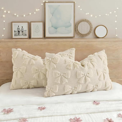 decorUhome Beige Bow Pillow Covers Set of 2 Coquette Aesthetic Cute Preppy Plush Faux Pillowcases for Girly Bedroom or Couch 12x20 Inch
