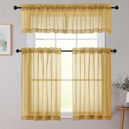 Chyhomenyc Sheer Valances for Windows 2 Pack, Small Window Curtains for Living Room Bathroom, Modern Top Dual Rod Pocket Voile Basement Curtains, 42W x 14L inches, Gold