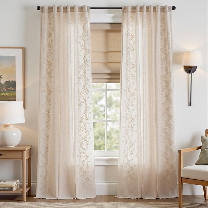 jinchan Evelyn Embroidered Linen Curtains for Living Room Farmhouse Floral Curtains for Bedroom Semi Sheer Light Filtering Window Drapes Rod Pocket Back Tab 2 Panels W50 x L96 Ivory