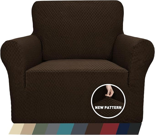 ZNSAYOTX 1 Piece Jacquard Chair Slipcovers for Living Room High Stretch Chair Covers with Arms Anti Slip Pets Friendly Couch Sofa Armchair Cover Furniture Protector (Chair, Dark Coffee)
