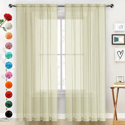 SpaceDresser Basic Rod Pocket Sheer Voile Window Curtain Panels Sage Green 1 Pair 2 Panels 52 Width 45 Inch Long for Kitchen Bedroom Children Living Room Yard（Sage Green, 52W x 45L）