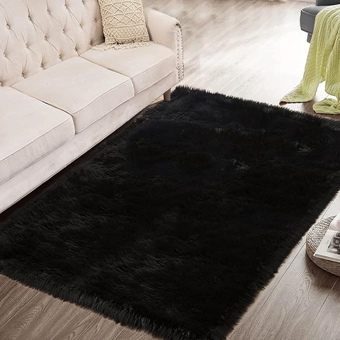ORINOVA Black Faux Sheepskin Washable Fluffy Fur Rugs for Bedroom Fuzzy Nursery Rug 3x5 Rectangle Rug Cute Room Home Décor