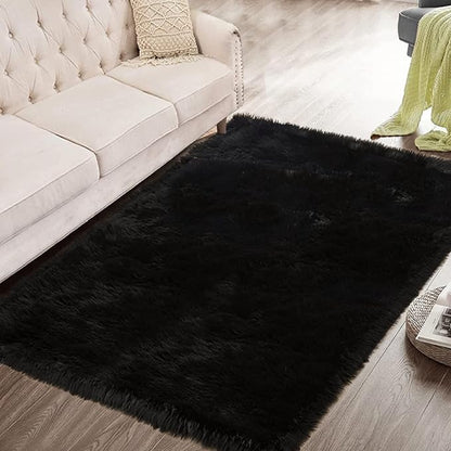 ORINOVA Black Faux Sheepskin Washable Fluffy Fur Rugs for Bedroom Fuzzy Nursery Rug 3x5 Rectangle Rug Cute Room Home Décor