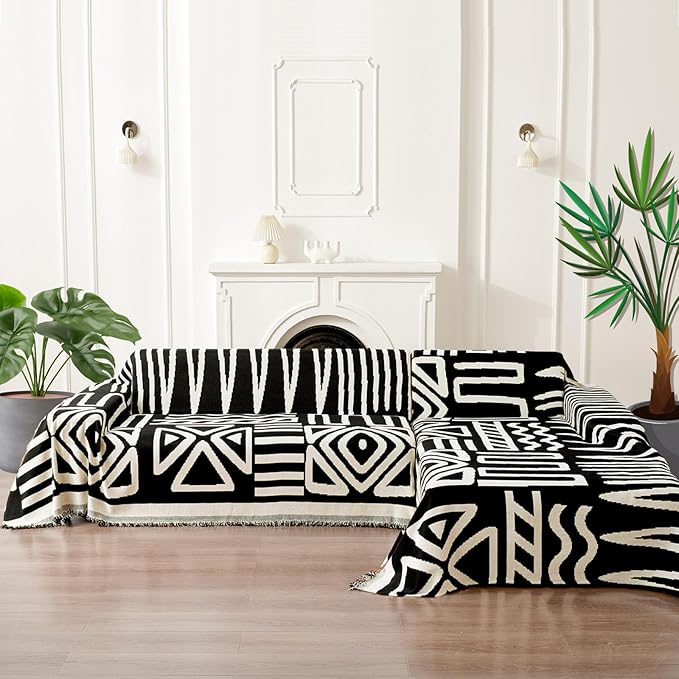 HANDONTIME Armchair Boho Sofa Covers for Dogs - Black & Beige Chenille Slipcovers for Chair, Recliner & Sectional Couch - Pets Protector - 71" x 71"