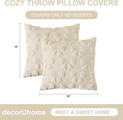 decorUhome Beige Bow Pillow Covers Set of 2 Coquette Aesthetic Cute Preppy Plush Faux Pillowcases for Girly Bedroom or Couch 18x18 Inch