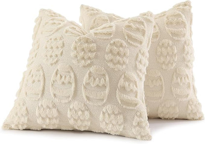 decorUhome Easter Beige Egg Pillow Covers 16x16 Inch Set of 2, Soft Plush Faux Wool Jacquard Cushion Covers, Farmhouse Neutral Fuzzy Spring Easter Holiday Decor for Couch Sofa Bed
