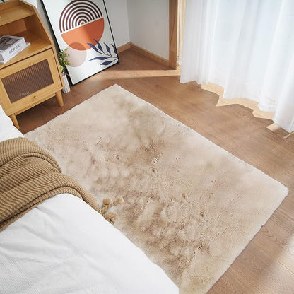 Ghouse Ultra Soft Faux Rabbit Fur Rug, Machine Washable Area Rugs for Bedroom Fluffy Rugs for Living Room, No-Shedding Carpet Sheepskin Rug Light Brown Beige 2 x 6 Feet