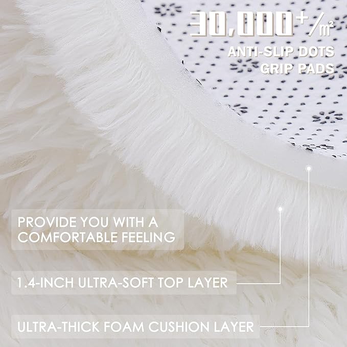OLANLY 5x5 Area Rugs for Living Room Bedroom, Machine Washable Soft Fluffy Shaggy Bedside Rug, Indoor Floor Carpet for Kids Girls and Boys, Dorms, Nursery Rooms, Home Decor Aesthetic, Ivory