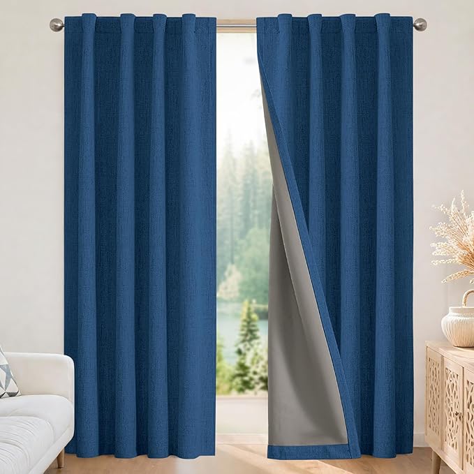 Joydeco Blackout Curtains for Bedroom - 100% Light Blocking 2 Panels Navy Blue Drapes 37" W x 108" L, Thermal Insulated Room Darkening Curtains, Linen Textured for Living Room, Rod Pocket & Back Tabs