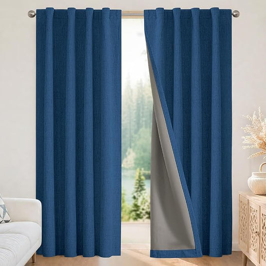 Joydeco Linen Blackout Curtains for Bedroom - 100% Light Blocking 1 Panels, Navy Blue Drapes 100" W x 120" L, Thermal Insulated Room Darkening Curtains for Living Room, Rod Pocket & Back Tabs