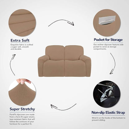 PureFit Super Stretch Loveseat Recliner Sofa Couch Cover with Pocket – 2 Seats Non Slip Soft Sofa Slipcover, Washable Reclining Furniture Protector for Kids, Pets (Recliner Loveseat, Camel)