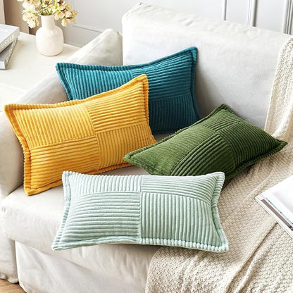 MIULEE Spring Decorative Lumbar Throw Pillow Covers for Couch Bed Livingroom 12x20 Inch Set of 2 Moss Green Boho Accent Throw Pllows Broadside Striped Patchwork Soft Corduroy Summer Pillowcases