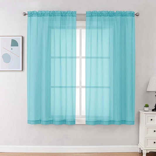 Chyhomenyc Sheer Curtains 63 Inch Length 2 Panels Set, Light Filtering Rod Pocket Window Curtain Treatment Drapes for Bedroom Living Room, Each 42Wx63L, Set of 2, Aqua