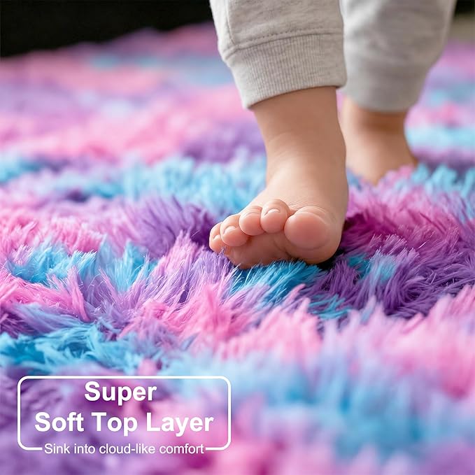 Amdrebio Hot Pink Rainbow Round Circle Area Rug 4Ft for Girls Bedroom, Fluffy Cute Fuzzy Colorful Pastel Kids Rugs for Nursery Playroom Classroom, Unicorn Shag Princess Carpet for Baby Toddler Teen