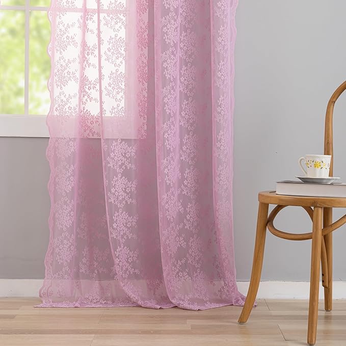 YJ YANJUN Vintage Lace Curtains 96 Inches Long-Victorian Floral Pattern Lilac Sheer Curtain Panels for Living Room Bedroom,Light Filtering, Cute Girls Drapes 2 Panels 52W x 96L Purple Blush