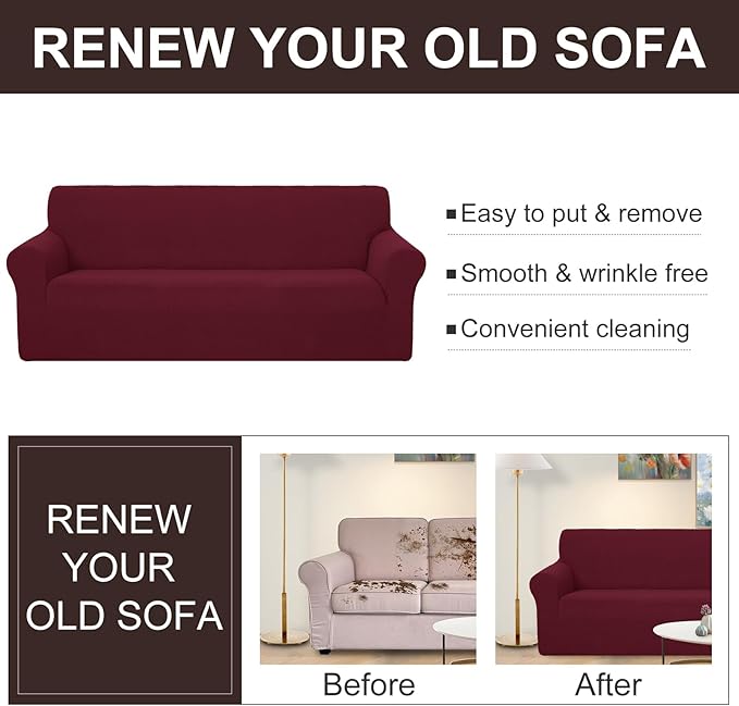 U-NICE HOME Oversized Stretch Loveseat Couch Cover Sofa Covers Washable Sofa Slipcover Furniture Protector for 2 Cushion Couch Sofa Pet Friendly, Burgundy