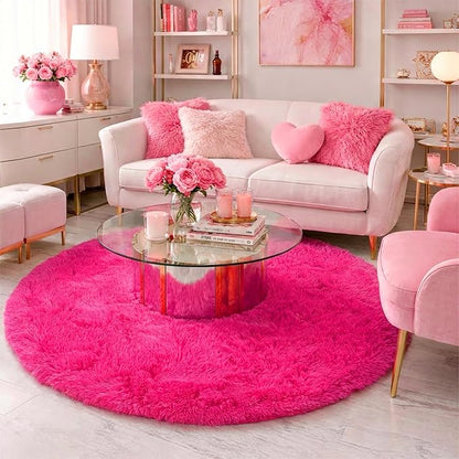 Hot Pink Round Rug 4Ft for Girls Bedroom, Fluffy Circle Area Rugs for Kids Room Decor Aesthetic, Shag Plush Fuzzy Furry Carpet for Living Room, Nursery, Dorm, Classroom, Teen, Cute Shaggy Baby Rug