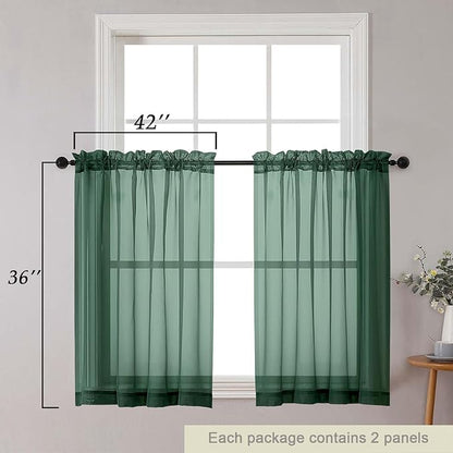 Cafe Curtains 36 Inch Length Tier 2 Pieces, Modern Soft Airy Sheer Kitchen Short Curtains for Small Window, Rod Pocket Small Curtain for Bathroom Basement, Hunter Green, Each, 42"Wx36"L Inch