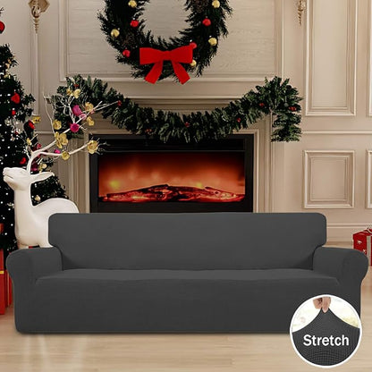 Easy-Going Stretch 4 Seater Sofa Slipcover 1-Piece Sofa Cover Furniture Protector Couch Soft with Elastic Bottom for Kids, Polyester Spandex Jacquard Fabric Small Checks Dark Gray