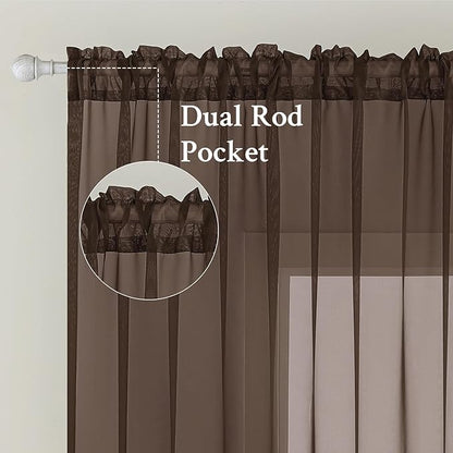 MIULEE Chocolate Brown Sheer Curtains 90 Inches Long 2 Panels, Light Filtering Voile Drapes with Rod Pocket for Bedroom and Living Room Windows