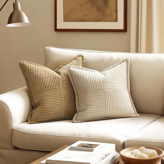 MIULEE Decorative Euro Sham Throw Pillow Covers for Couch Bed Livingroom 22x22 Inch Set of 2 Beige Boho Accent Throw Pllows Broadside Striped Patchwork Soft Corduroy Pillowcases