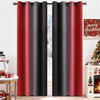 Yakamok Blackout Ombre Red and Black Curtains for Bedroom, Gradient Room Darkening Curtains, Grommet Thermal Insulated Light Blocking Window Drapes/Curtain for Living Room,52 x 84 Inch,2 Panels