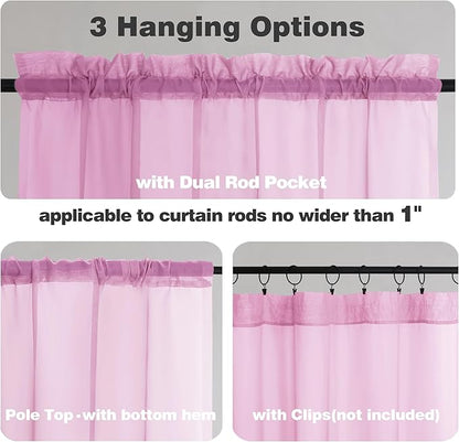 Chyhomenyc Pink Sheer Valances for Windows - Light Filtering Small Kitchen Curtains, Rod Pocket Short Top Window Treatment Decor for Living Room Bathroom Basement, 42Wx16L inches, 2 Panels