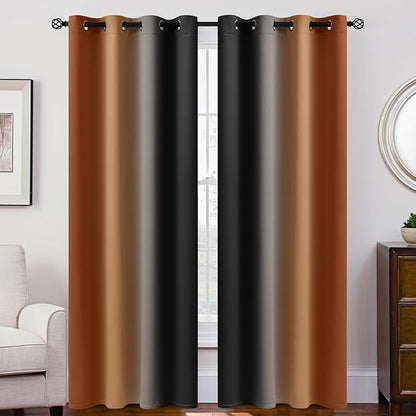 SimpleHome Ombre Room Darkening Curtains 84 inches Length for Bedroom,Grommet Gradient Light Blocking Burnt Orange and Black Gradient Window Curtains for Living Room,2 Panels, 52x84 inches