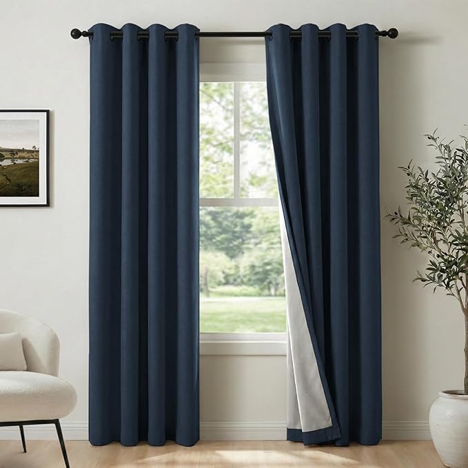 100% Blackout Shield Linen Blackout Curtains for Bedroom, Navy Blue Grommet Curtains for Living Room, Thermal Insulated Room Darkening Drapes for Nursery, Boho Home Decor, 50" W x 90" L, 2 Panels