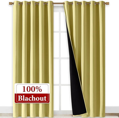 NICETOWN Paler Yellow Full Shade Curtain Panels, Pair of Energy Smart & Noise Blocking Out Blackout Drapes for Dining Room Window, Thermal Insulated Guest Room Lined Window Dressing, 70 x 84 inch
