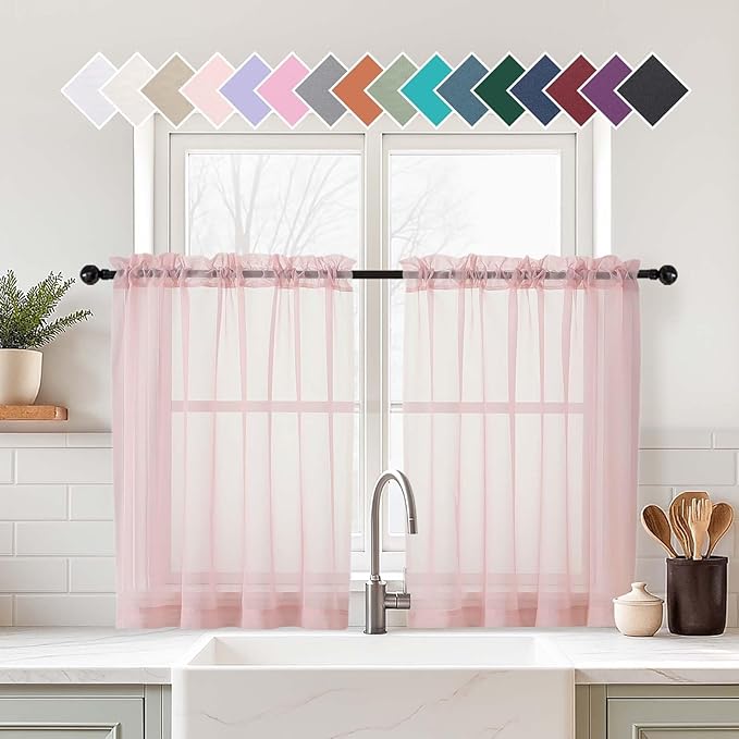 Blush Pink Small Sheer Curtains Tier 24 Inches Length 2 Pieces, Light Filtering Cafe Curtains for Living Room Bathroom, Modern Window Treatments Dual Rod Pocket Panels, 2X42Wx24L Inches