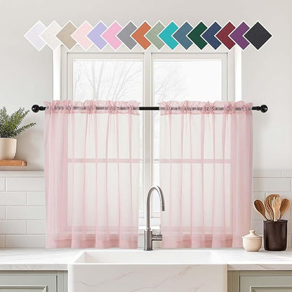 Blush Pink Small Sheer Curtains Tier 24 Inches Length 2 Pieces, Light Filtering Cafe Curtains for Living Room Bathroom, Modern Window Treatments Dual Rod Pocket Panels, 2X42Wx24L Inches