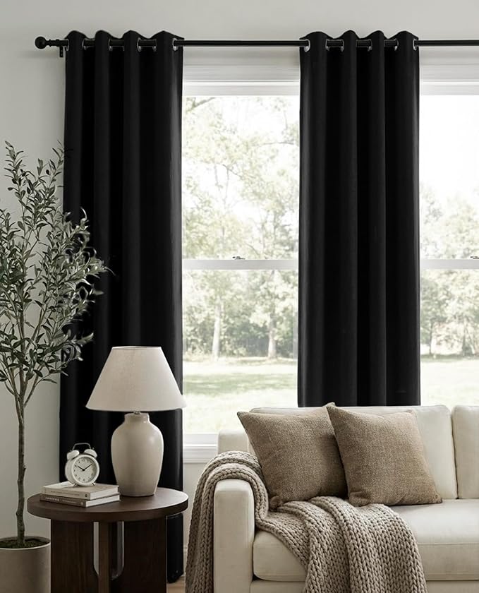 100% Blackout Shield Linen Blackout Curtains for Bedroom, Black Grommet Curtains for Living Room, Thermal Insulated Room Darkening Drapes for Nursery, Boho Home Decor, 50" W x 96" L, 2 Panels