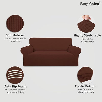 Easy-Going Stretch Oversized Loveseat Slipcover 1-Piece Sofa Cover Furniture Protector Couch Soft with Elastic Bottom for Kids Polyester Spandex Jacquard Fabric Small Checks Coffee