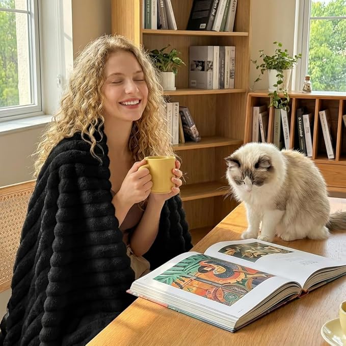 HIMEET Black Ribbed Throw Blanket for Couch - 300GSM Lightweight Soft Fleece Blanket for Women Men, Cozy Blankets for Mothers Gifts, Striped Spring Home Room Decor, Black, 50x60 Inches
