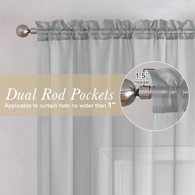 Lecloud Light Grey Sheer Curtains 54 Inch Length 2 Panels, Airy & Breathable Solid Voile Silver Gray Curtain with Dual Rod Pockets, Kitchen/Bedroom/Living Room Window Short Drapes, 40x54 Inch