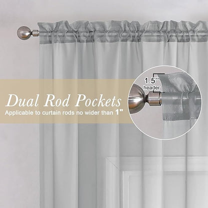 Lecloud Light Grey Sheer Curtains 54 Inch Length 2 Panels, Airy & Breathable Solid Voile Silver Gray Curtain with Dual Rod Pockets, Kitchen/Bedroom/Living Room Window Short Drapes, 40x54 Inch
