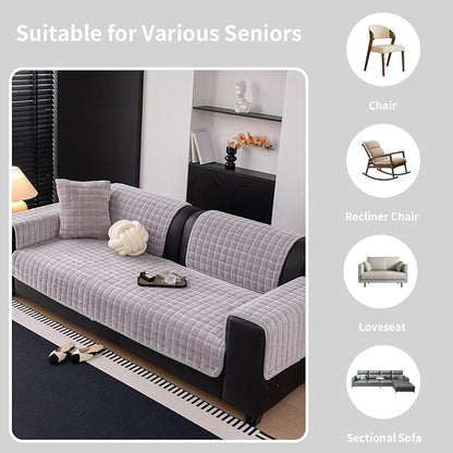 Velvet Couch Cover, Washable Sectional Sofa Cover, Anti Slip Sofa Slipcovers for 3 Cushion Couch Sofa L Shaped Recliner, Furniture Protector Covers for Pets Kids(Light Grey, Only 1 PCS)