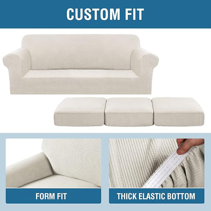 H.VERSAILTEX 4 Piece Stretch Couch Covers for 3 Cushion Couch Sofa Furniture Slipcovers Feature Upgraded Thicker Jacquard Fabric (Sofa, Ivory)