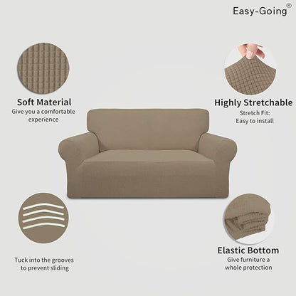 Easy-Going Stretch Loveseat Slipcover 1-Piece Sofa Cover Furniture Protector Couch Soft with Elastic Bottom for Kids Polyester Spandex Jacquard Fabric Small Checks (Loveseat, Natural)