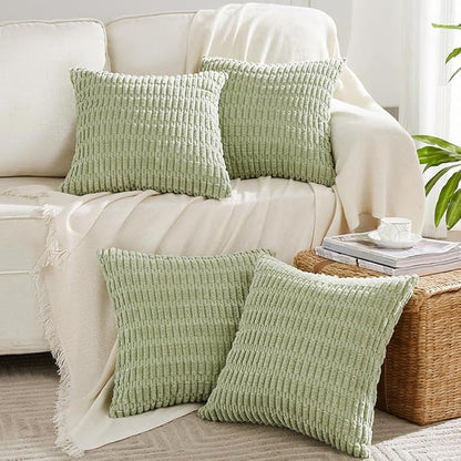 Fancy Homi 4 Packs Sage Green Decorative Throw Pillow Covers 26x26 Inch for Living Room Couch Bed Sofa, Rustic Farmhouse Boho Home Decor Soft Plush Striped Corduroy Square Cushion Case 66x66 cm