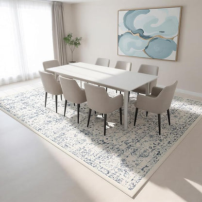 Washable Rugs 8x10 Area Rugs for Living Room- Large Vintage Rugs for Bedroom,Dining Room,Ultra Soft Low Pile Foldable Carpet with Non Slip Rubber Backing,Neutral Accent Rug(White-Blue)